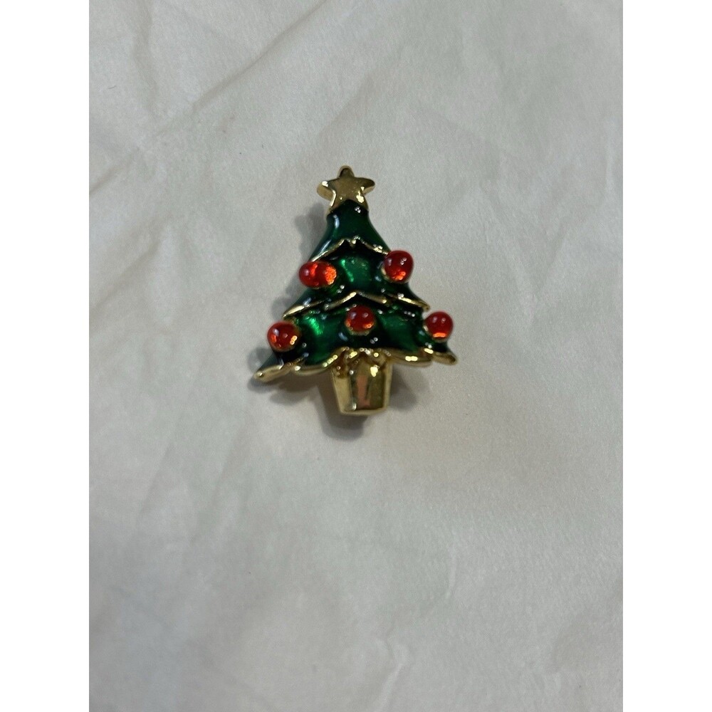 Vintage Green Enamel Christmas Tree Red Gold Tone Holiday Brooch Pin